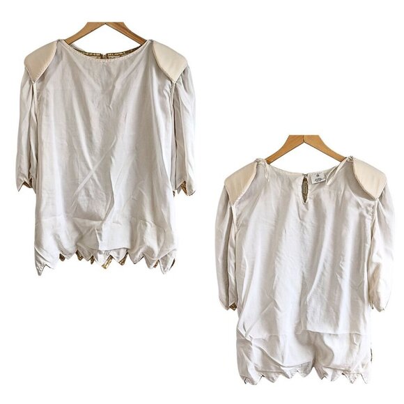 Vtg 80s ANUJAN CREATIONS 100% Silk Ivory Gold Beaded Art Deco Zig Zag Top Size M - Picture 5 of 6